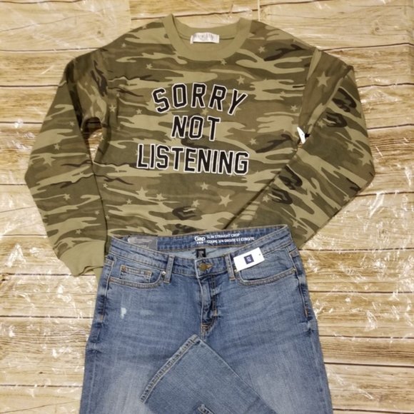 Wound Up Green Camouflage Sorry Not Listening Sweatshirt - Picture 3 of 8